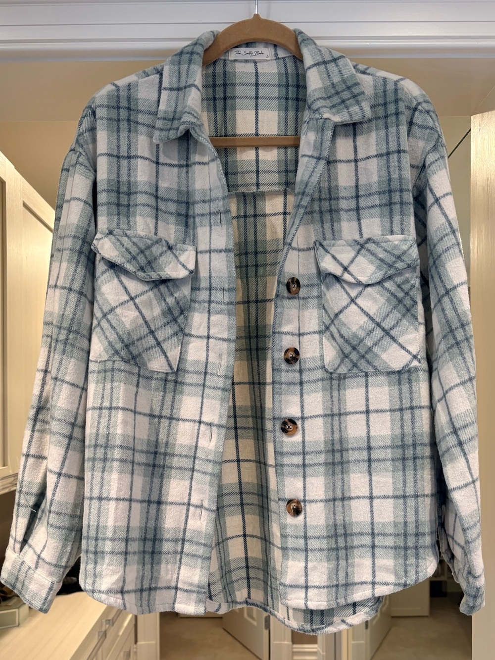Soft Plaid Button-Front Shacket - Sage Green & White